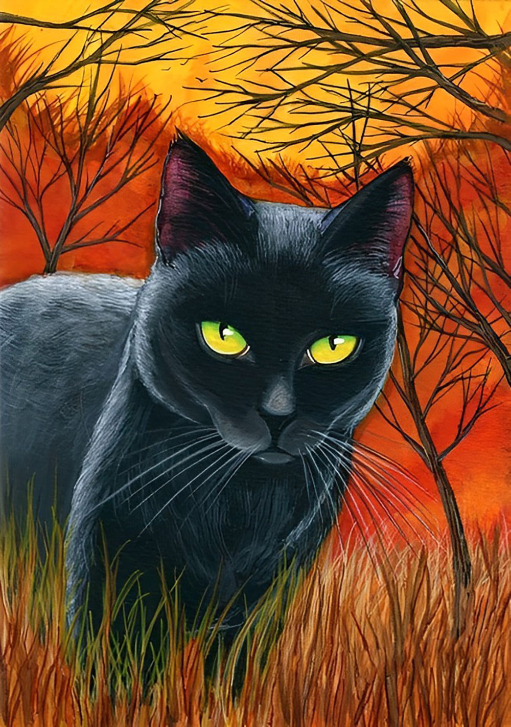 Zwarte Kat op de Weide in de Avondzon Diamond Painting