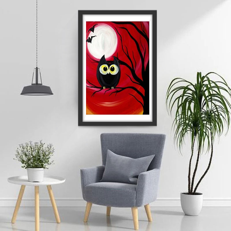 Zwarte Uil onder de Maan op een Rode Achtergrond Diamond Painting