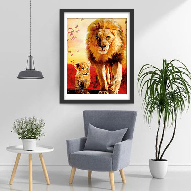 Zwerm Vogels en Leeuwen Diamond Painting